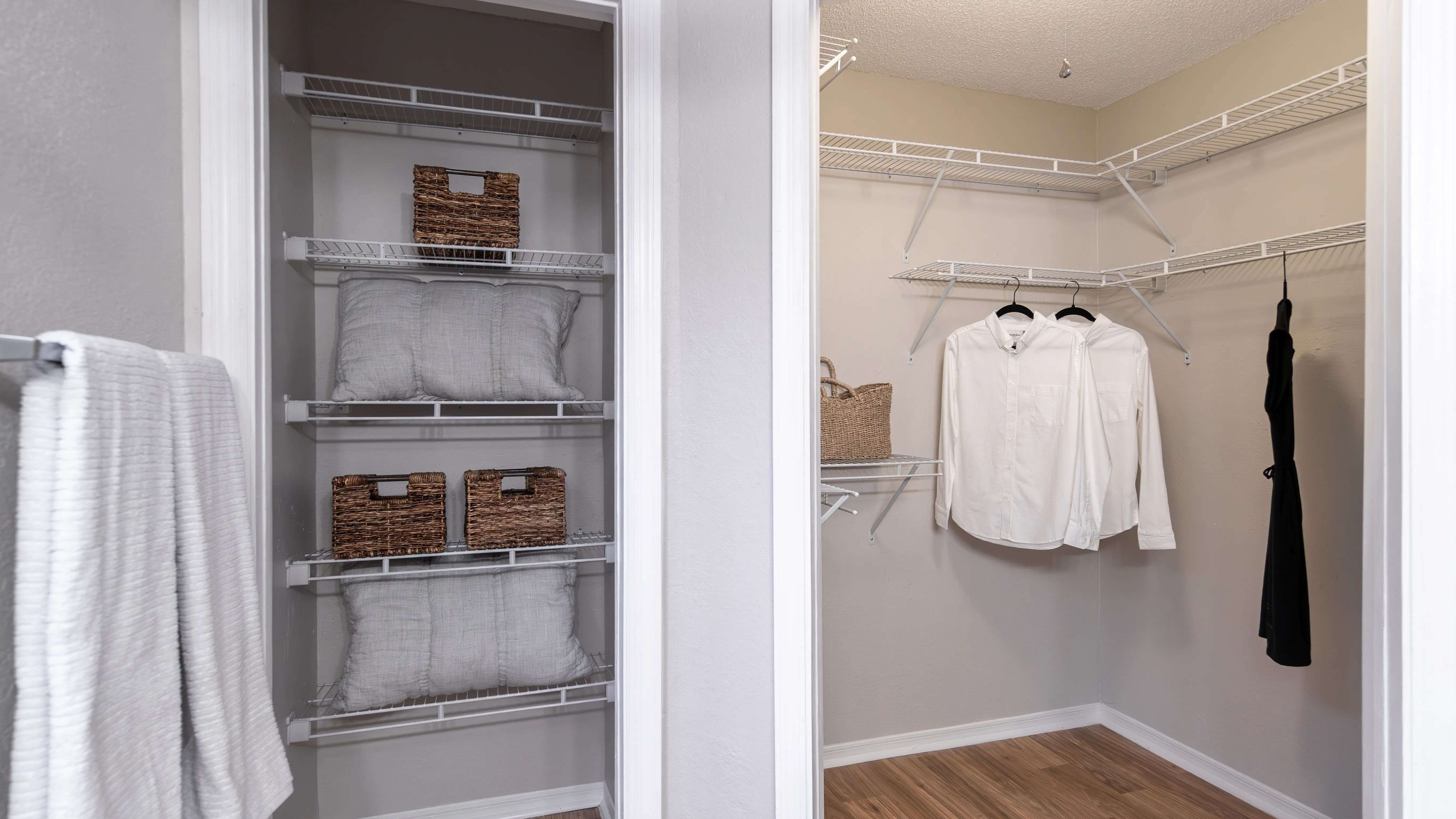 Directly accessible from the master bathroom, this walk-in closet offers tons of shelving and storage space to keep everything neat and organized.