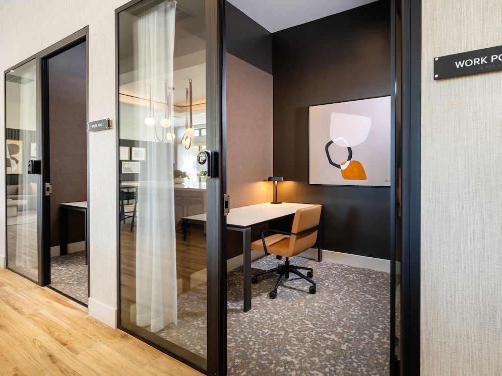 Phase II resident lounge with work pods
