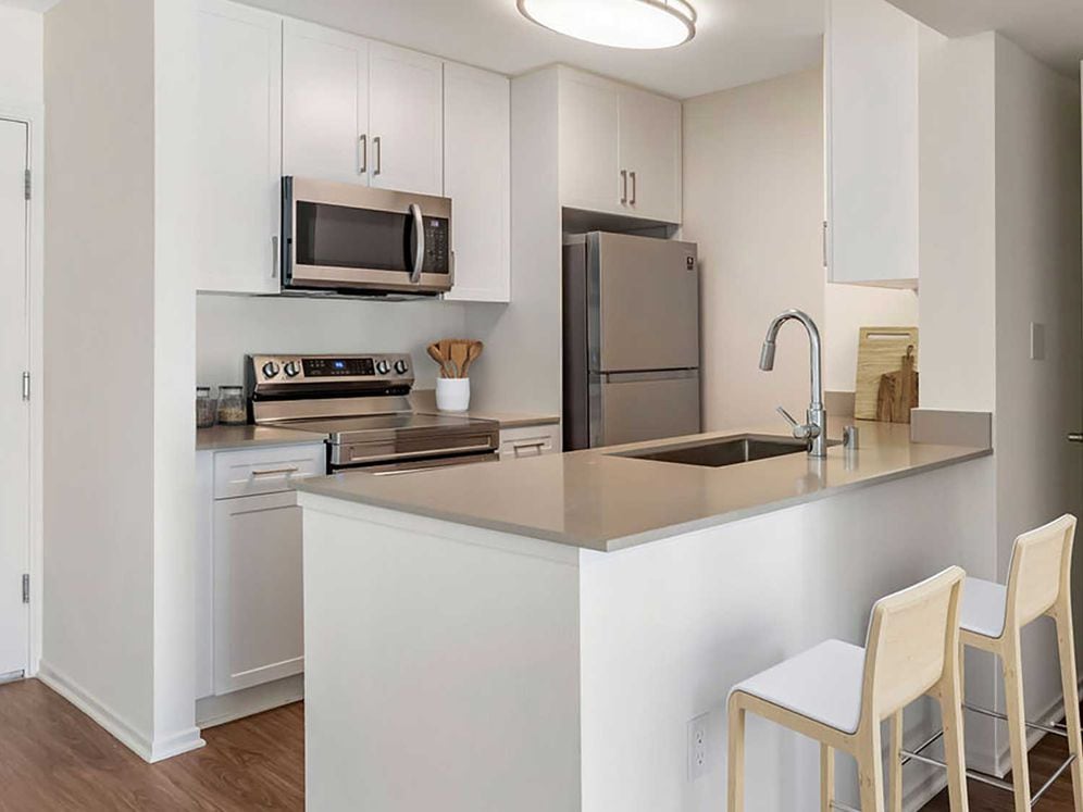 Renovated Package I kitchen with stainless steel appliances, beige quartz countertops, new white cabinetry, and hard surface flooring