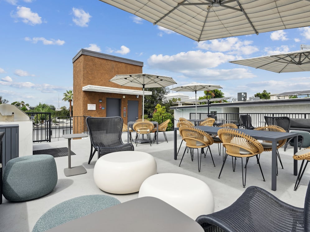 Rooftop terrace with BBQ grills, lounge seating, and picnic areas