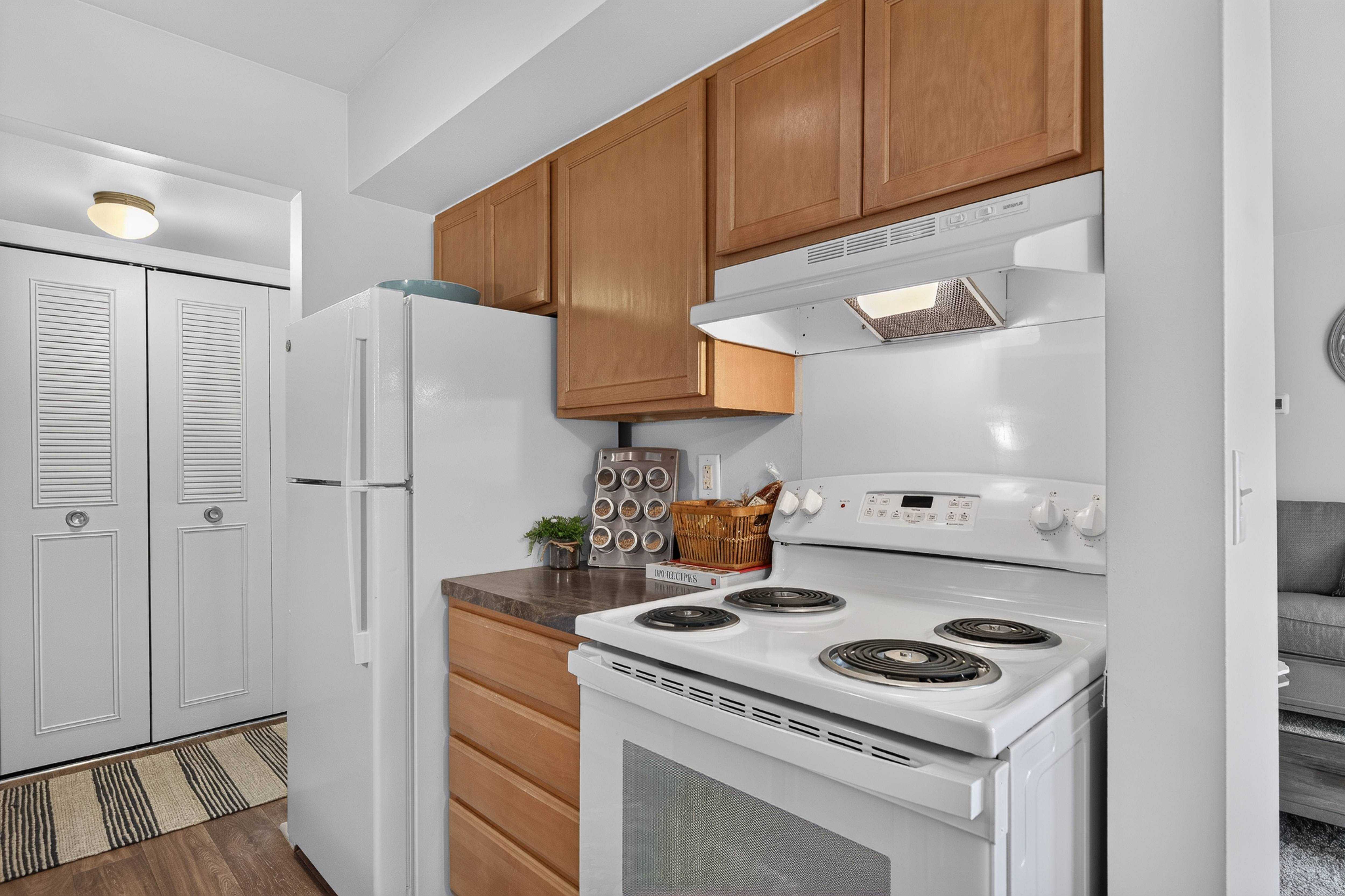 Efficient kitchen at Drawbridge Apartments in Harrison Township, MI.