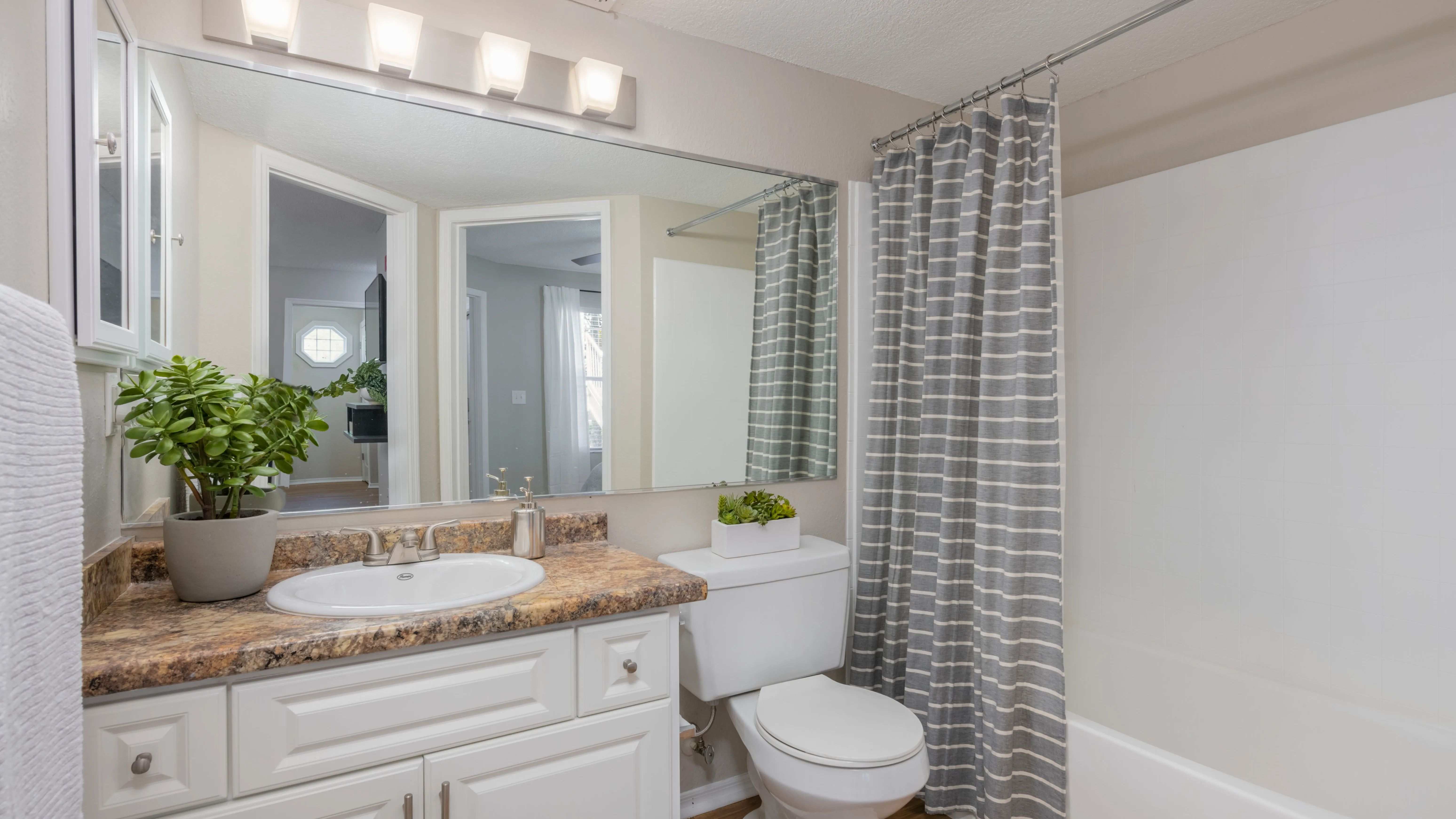 Enjoy all the upgraded features of your ideal bathroom space including an expansive mirror, mirrored medicine cabinet, and a large countertop space.