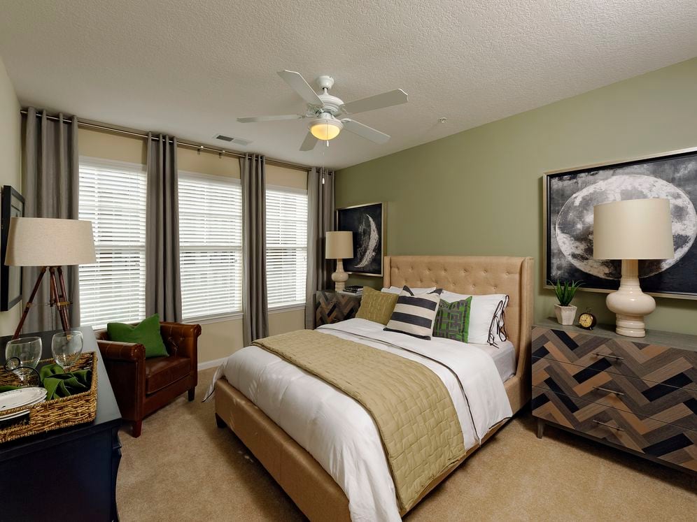 Bedroom with accent wall and carpet