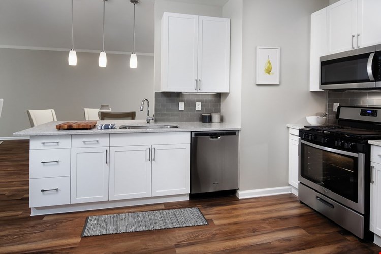 Classic Finish kitchen with white cabinetry, white quartz countertops, tile backsplash, stainless steel appliances, and hard surface flooring