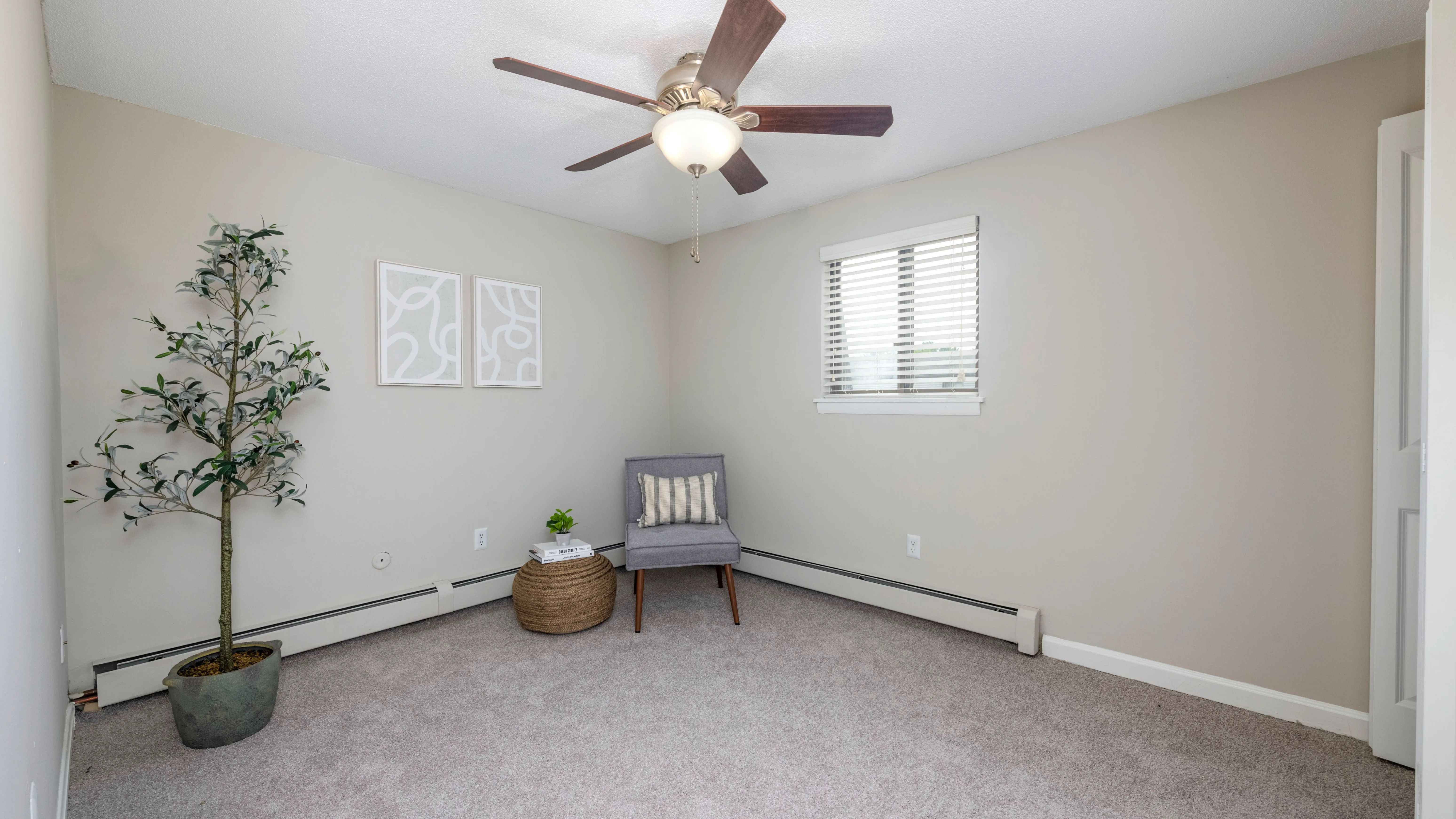 Relish the comfort of our convenient multi-speed ceiling fans with lights in our bedrooms along with carpeted flooring and baseboard heaters to ensure you love your bedroom space! 