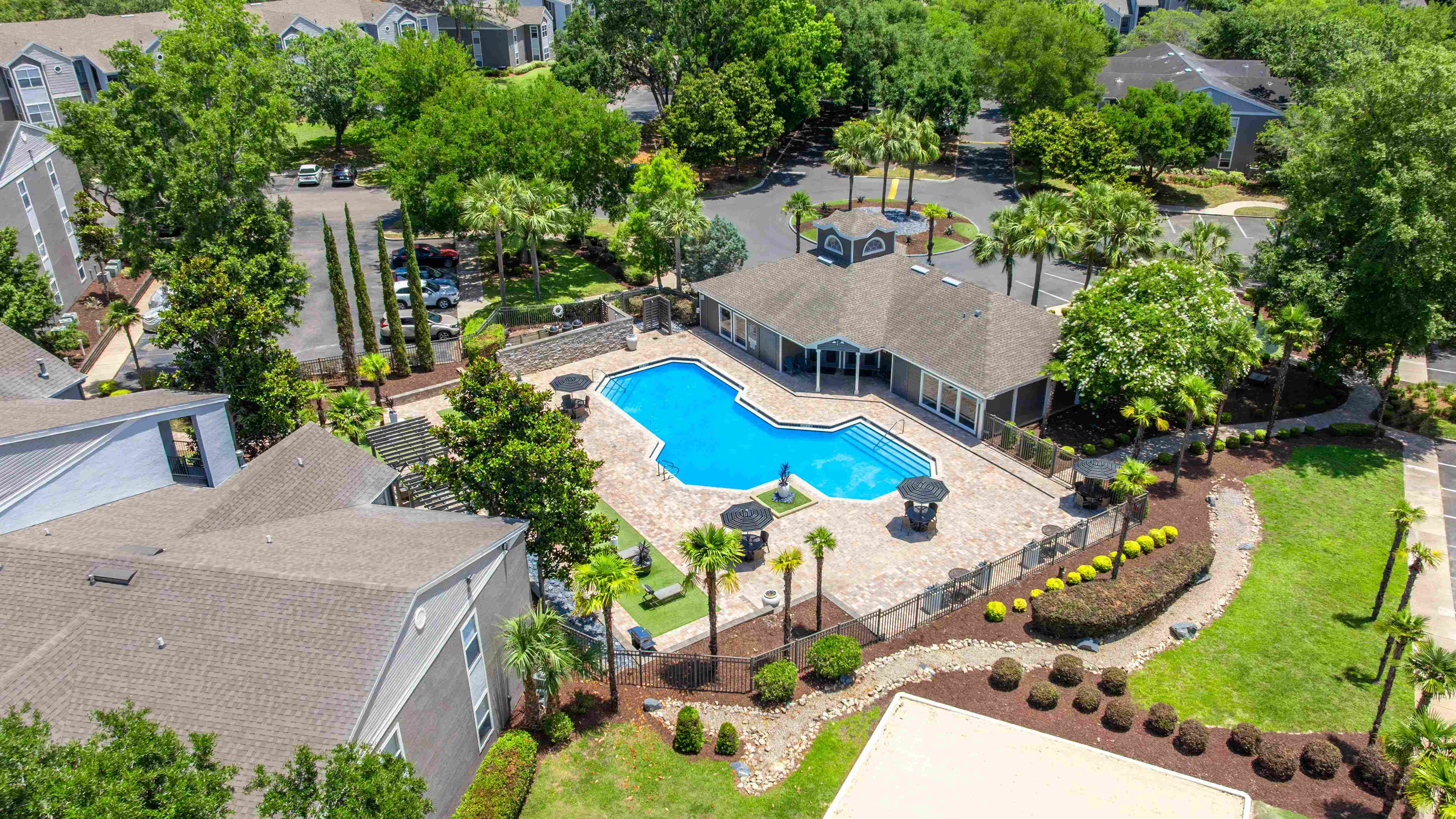 Get a glimpse of resort-style living with our sparkling pool, shaded lounge areas, and lush landscaping—all just steps from your front door at Oasis at 1800.