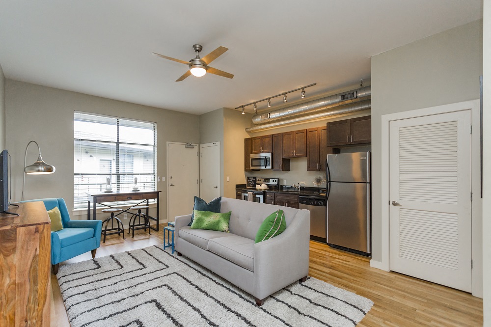 Kitchen Area and Living Room with Dining Table