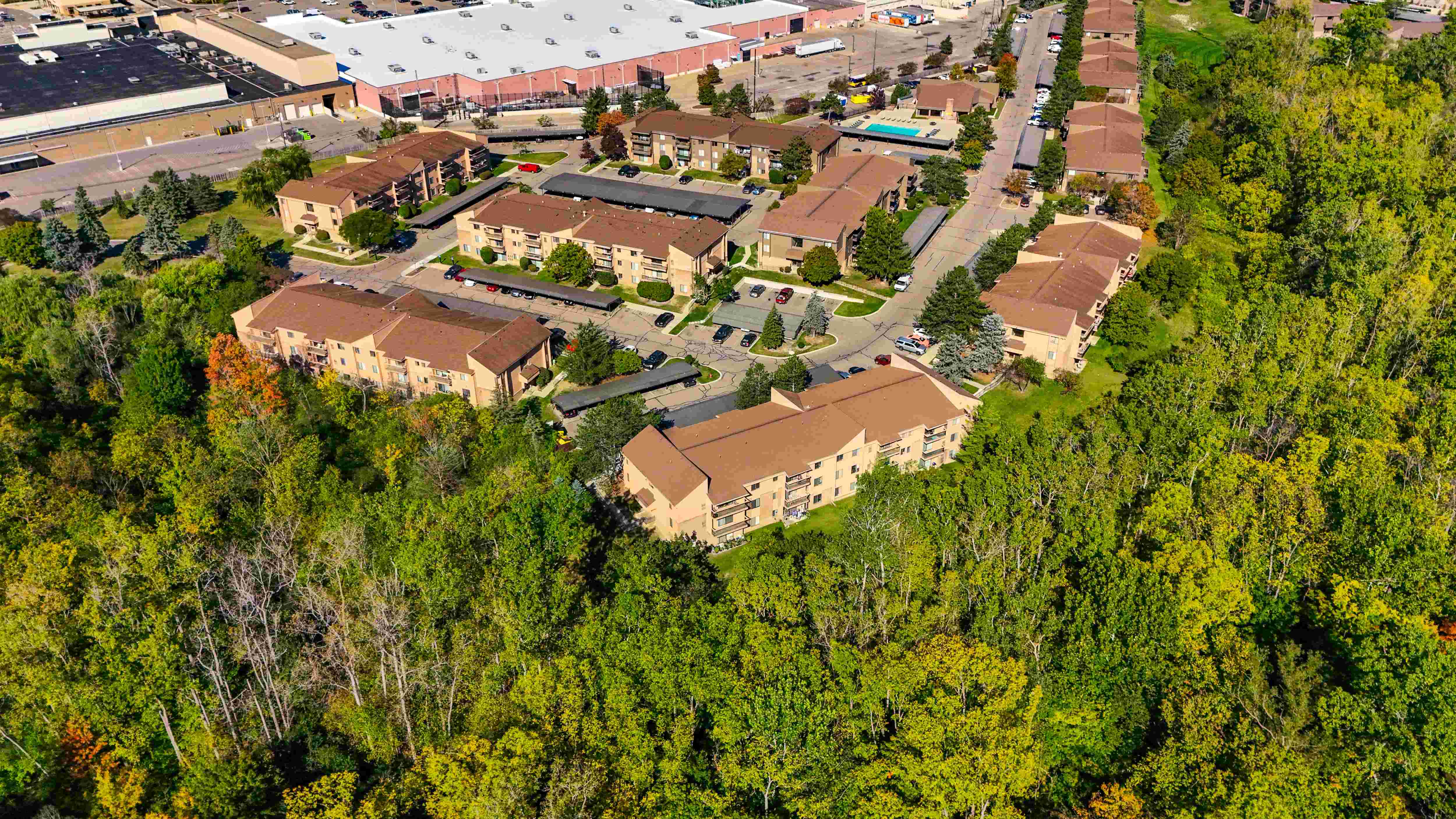Aerial Community View with Carports at Franklin River Apartments in Southfield, MI