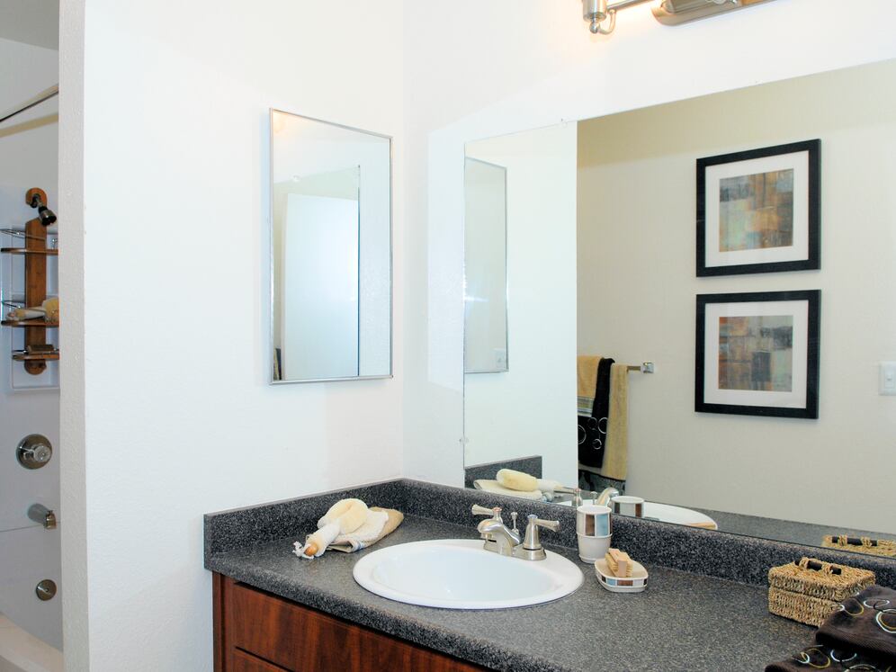 Classic Package I bathe with espresso cabinetry, dark laminate countertops, and hard surface flooring