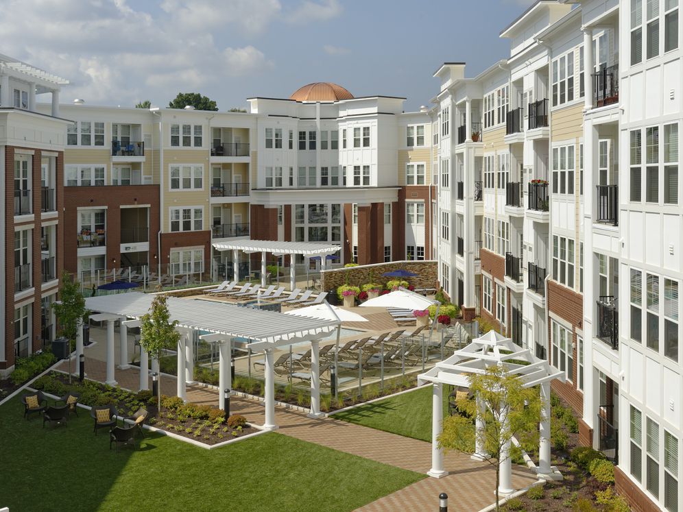 Courtyard with swimming pool and lounge seating