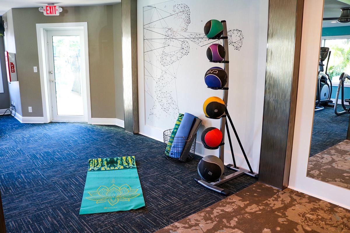 Our fitness center has mats and weight balls for your use. 