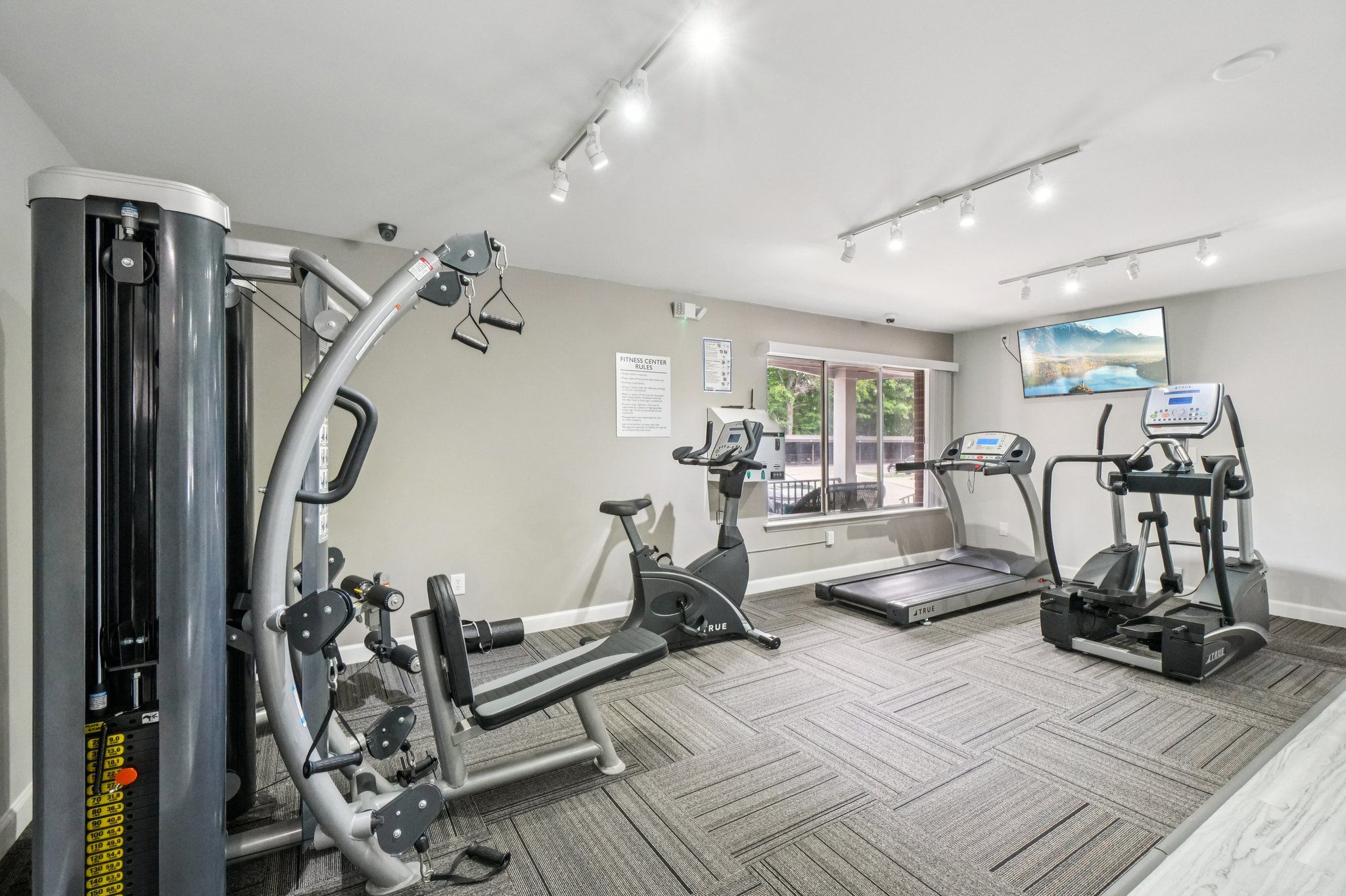 State-of-the-art 24/7 Fitness Center at Drawbridge Apartments in Harrison Township, MI.