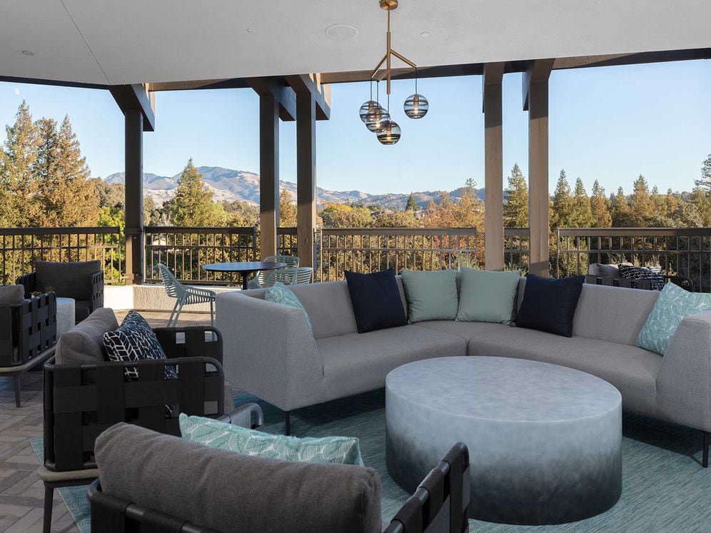 Phase II Rooftop terrace with lounge seating and views of Mount Diablo