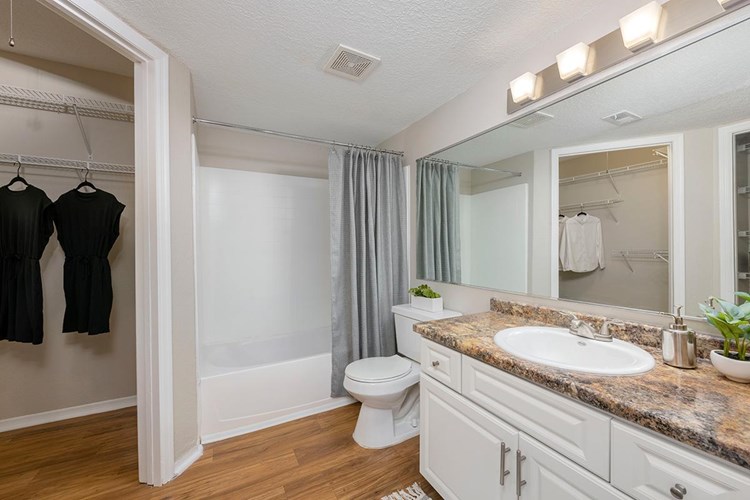 Your master bathroom features an oversized vanity, wood-style flooring, and a spacious walk-in closet.