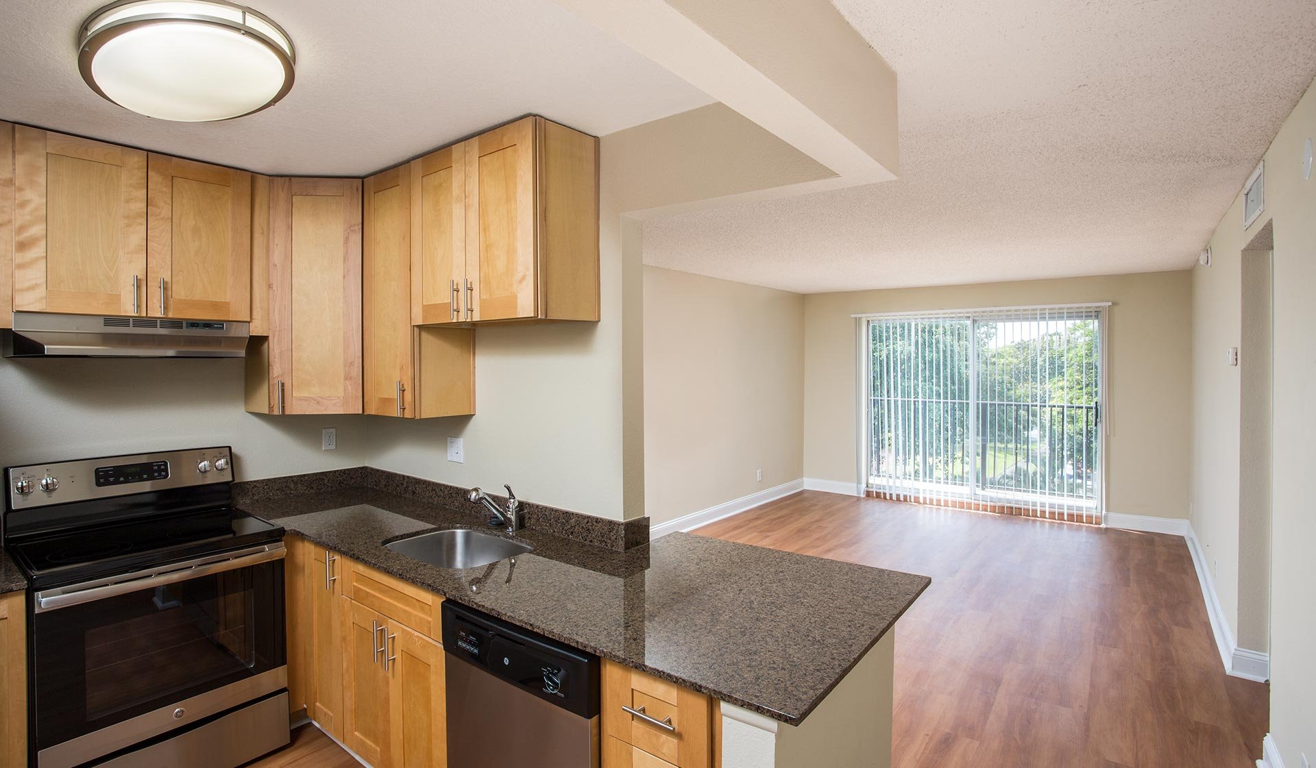 Fully-equipped kitchen with cabinets, counters, and wood flooring