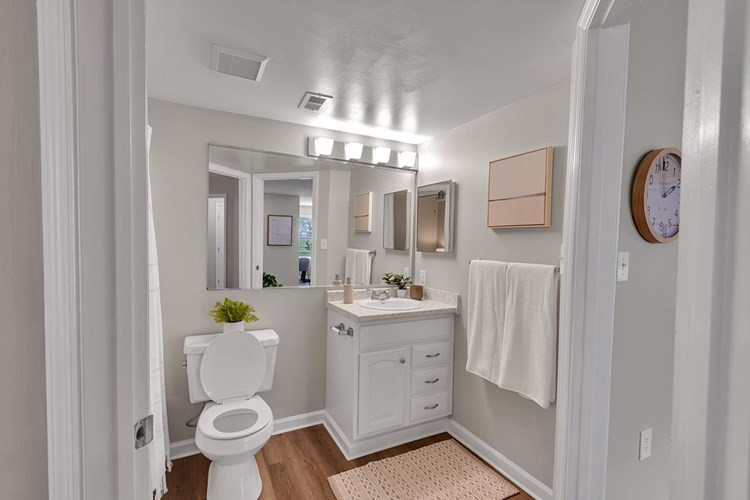 Newly renovated bathrooms with large mirrors and updated counter tops and cabinetry