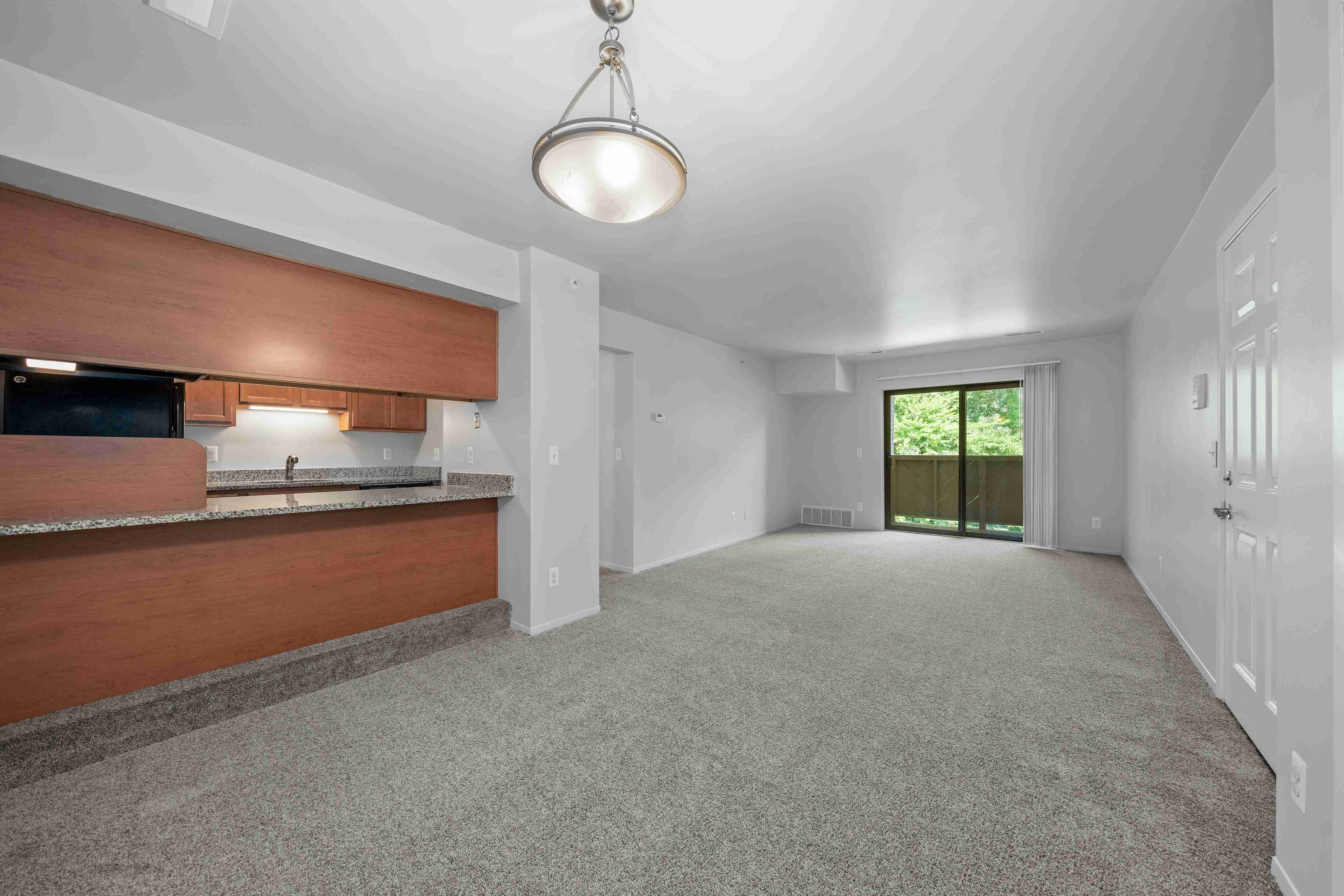 Cozy living room with natural light at Woodland Villa Apartments in Westland, MI.