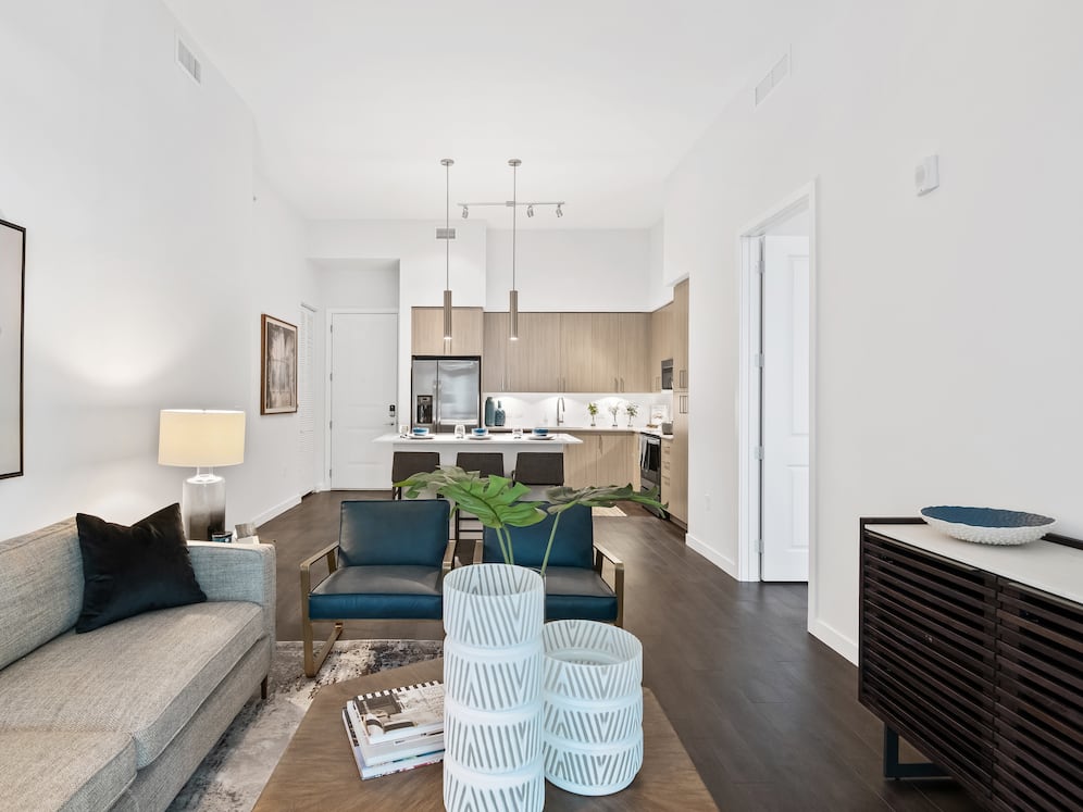 Kitchen, living, and dining areas with hard-surface vinyl plank flooring