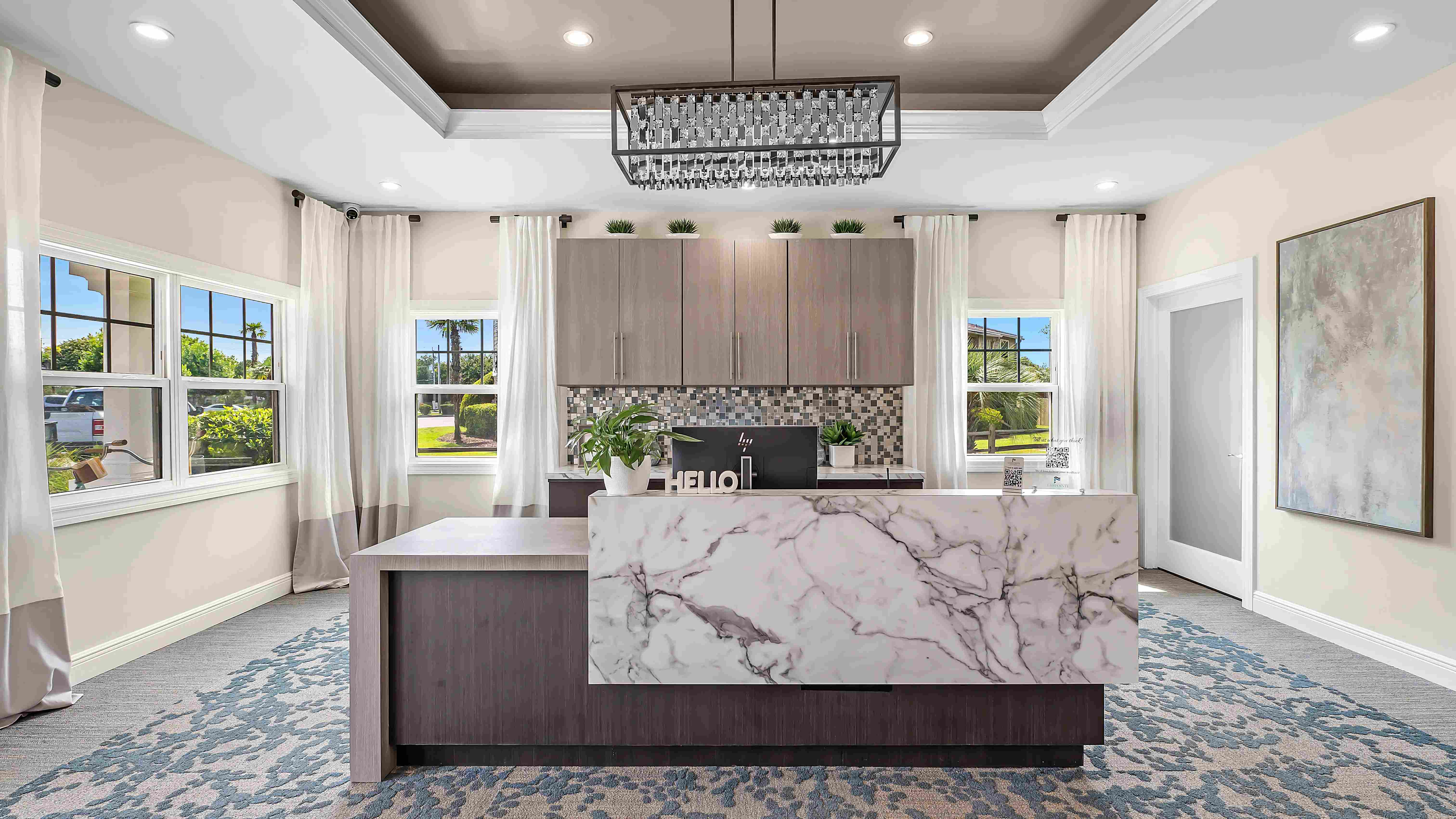 Explore our elegant leasing office providing sweeping views of our stunning community. 