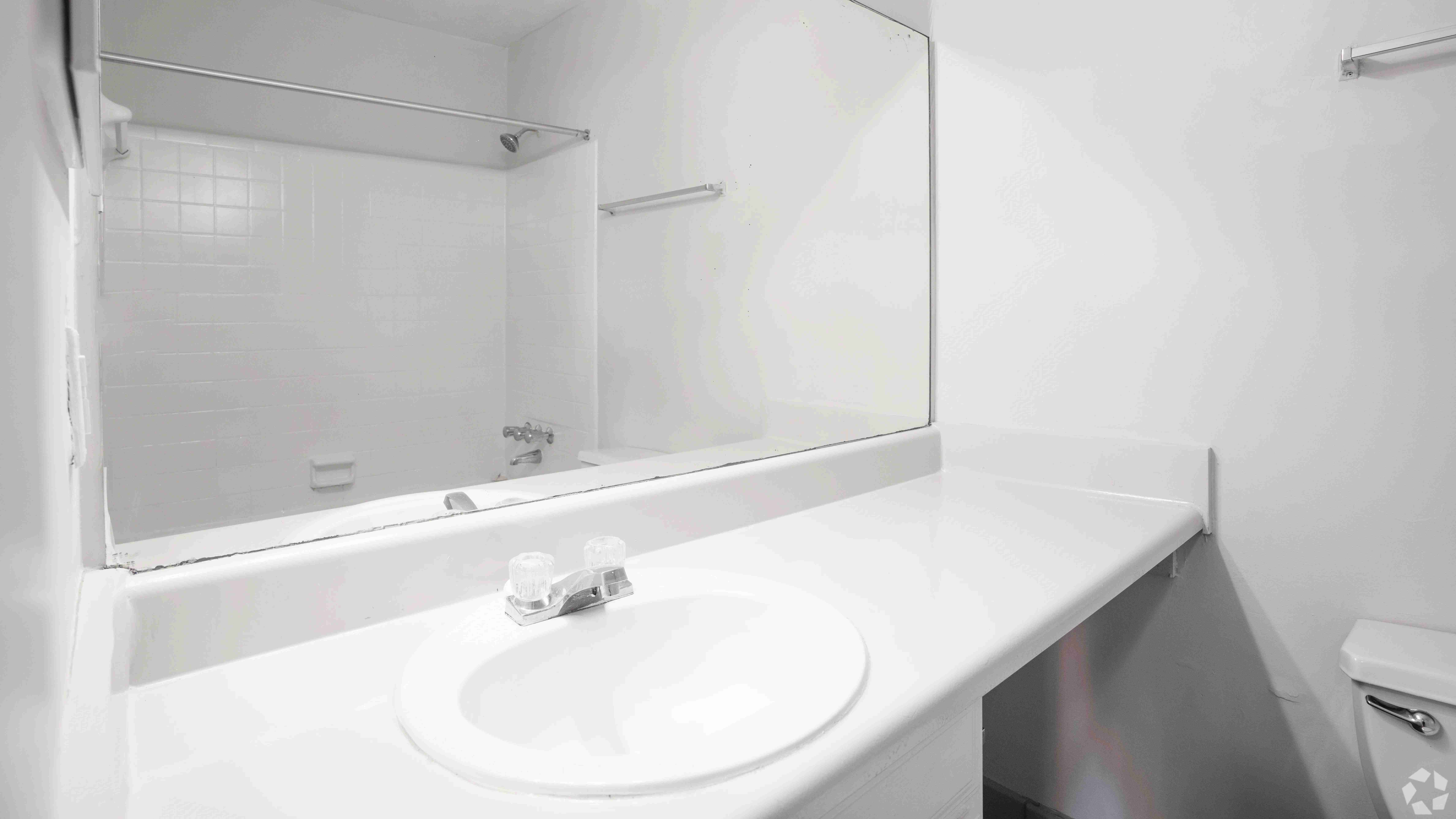 Enjoy the simplicity and functionality of the master bathroom in The Whitlock floor plan, featuring a spacious vanity and a large mirror.