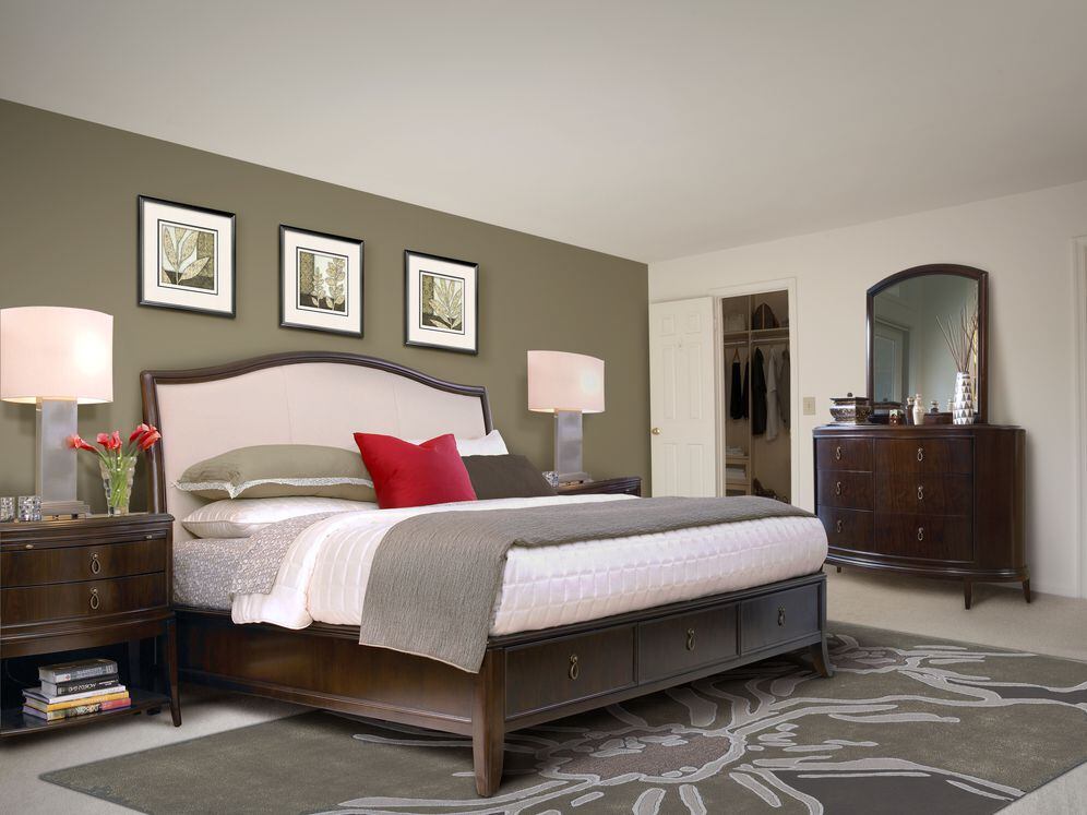 Carpeted bedroom with accent wall and walk-in closet