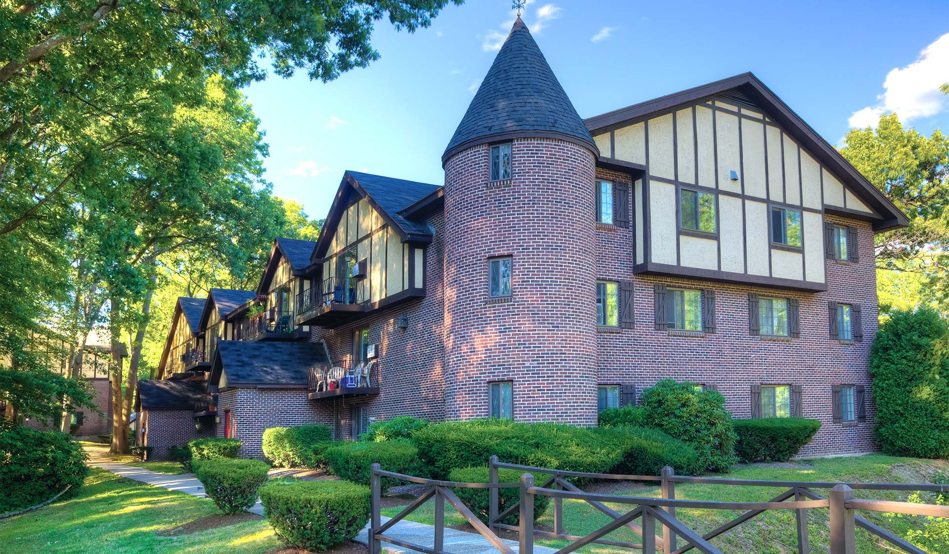 Garden-style apartments with English Tudor-style architecture
