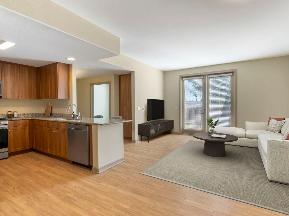 Updated Finishes kitchen and living room with hard surface flooring