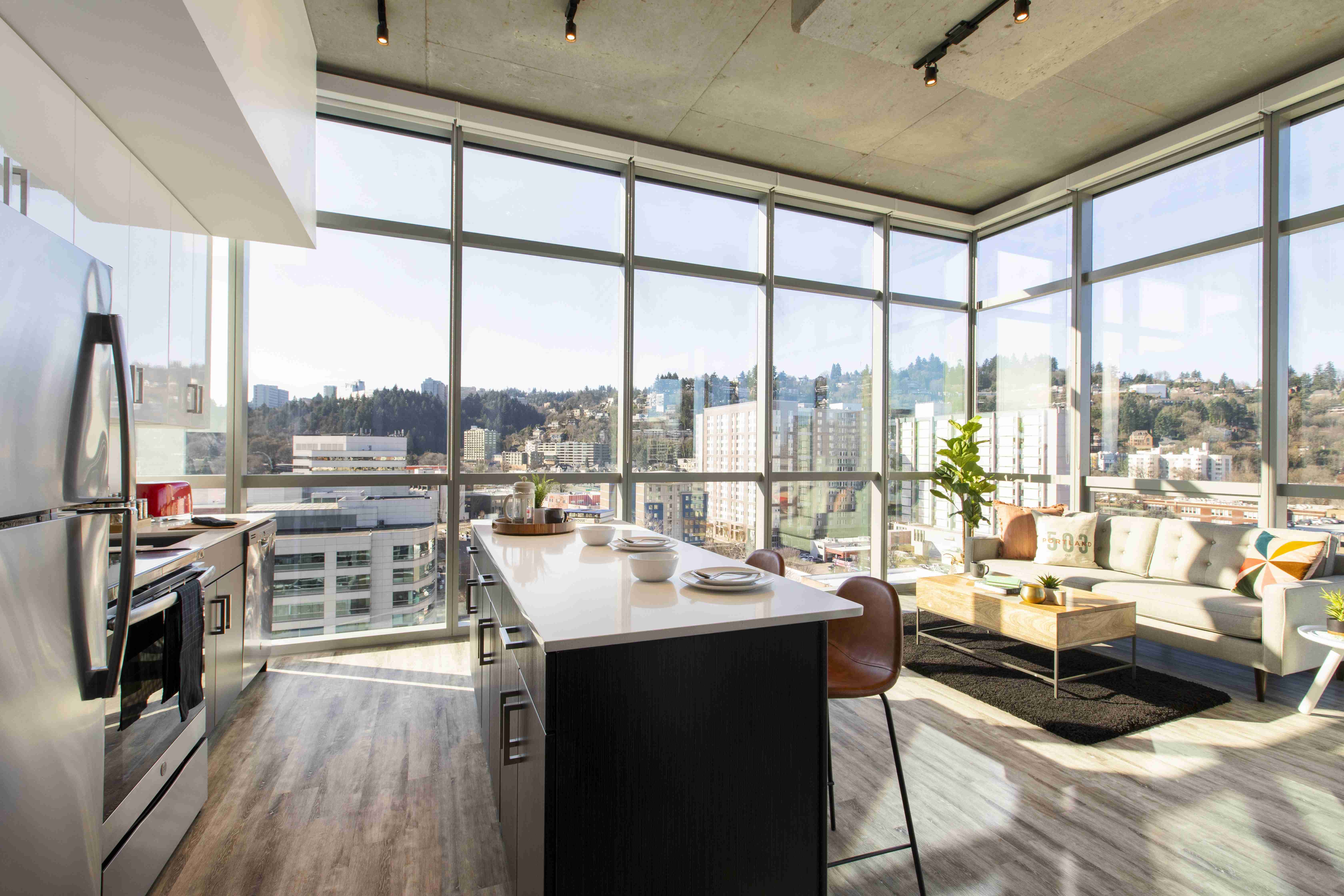 Floor-to-ceiling windows that fill the space with natural light