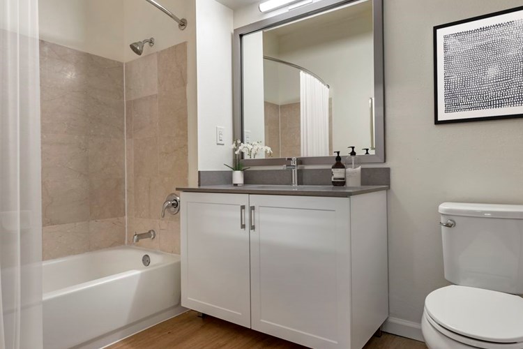 Renovated Package III bath with grey quartz countertops, white cabinetry, and hard surface plank flooring