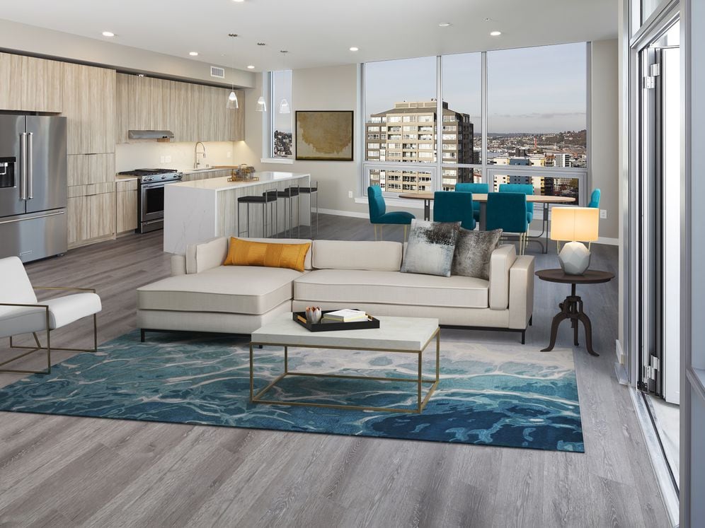 Signature Collection penthouse kitchen, living, and dining areas.