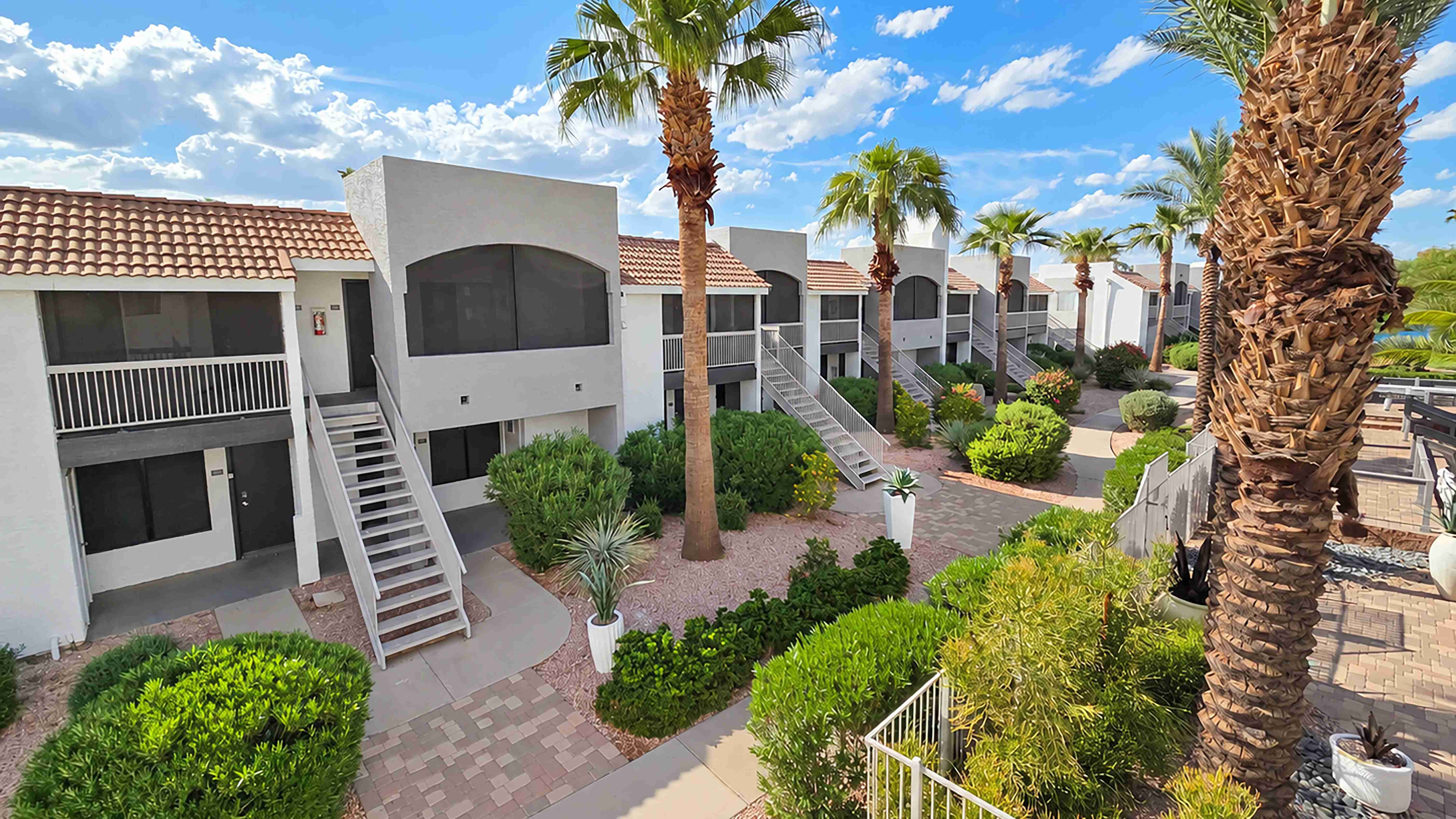 Level 550 features palm-lined pathways, vibrant landscaping, and charming apartment exteriors that create an inviting backdrop for coming and going each day.