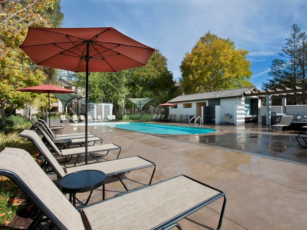 Swimming pool and sundeck with lounge seating