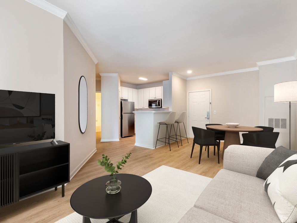 Classic I kitchen, living, and dining area with hard surface flooring