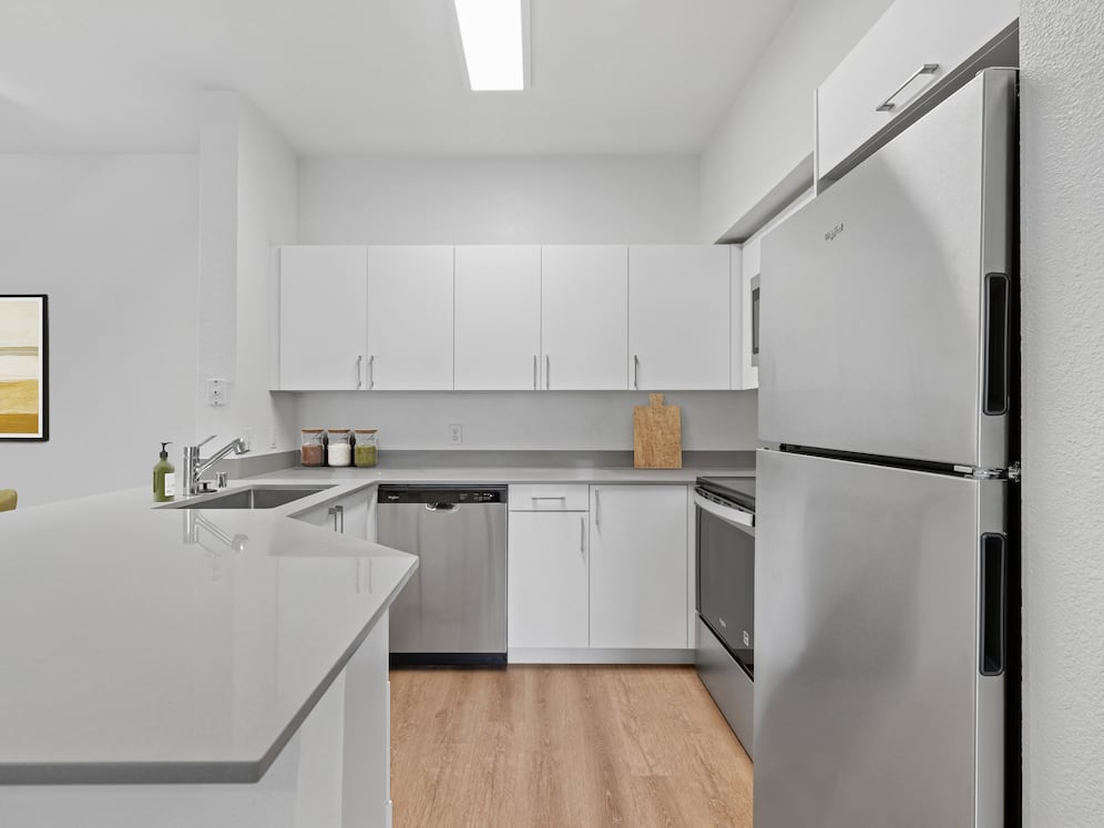 Renovated Package I kitchen with white cabinetry, grey quartz countertops, stainless steel appliances, and hard surface flooring