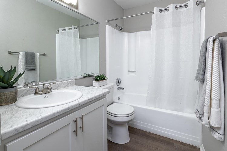 Spacious, newly renovated bathrooms featuring new countertops and cabinetry.
