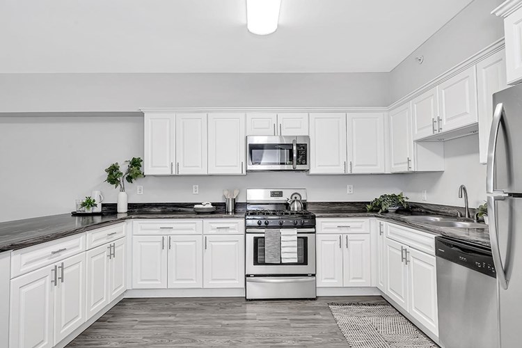 Kitchens in our 4 bed 4 bath offer ample cabinetry, wood-style flooring, and stainless steel appliances.