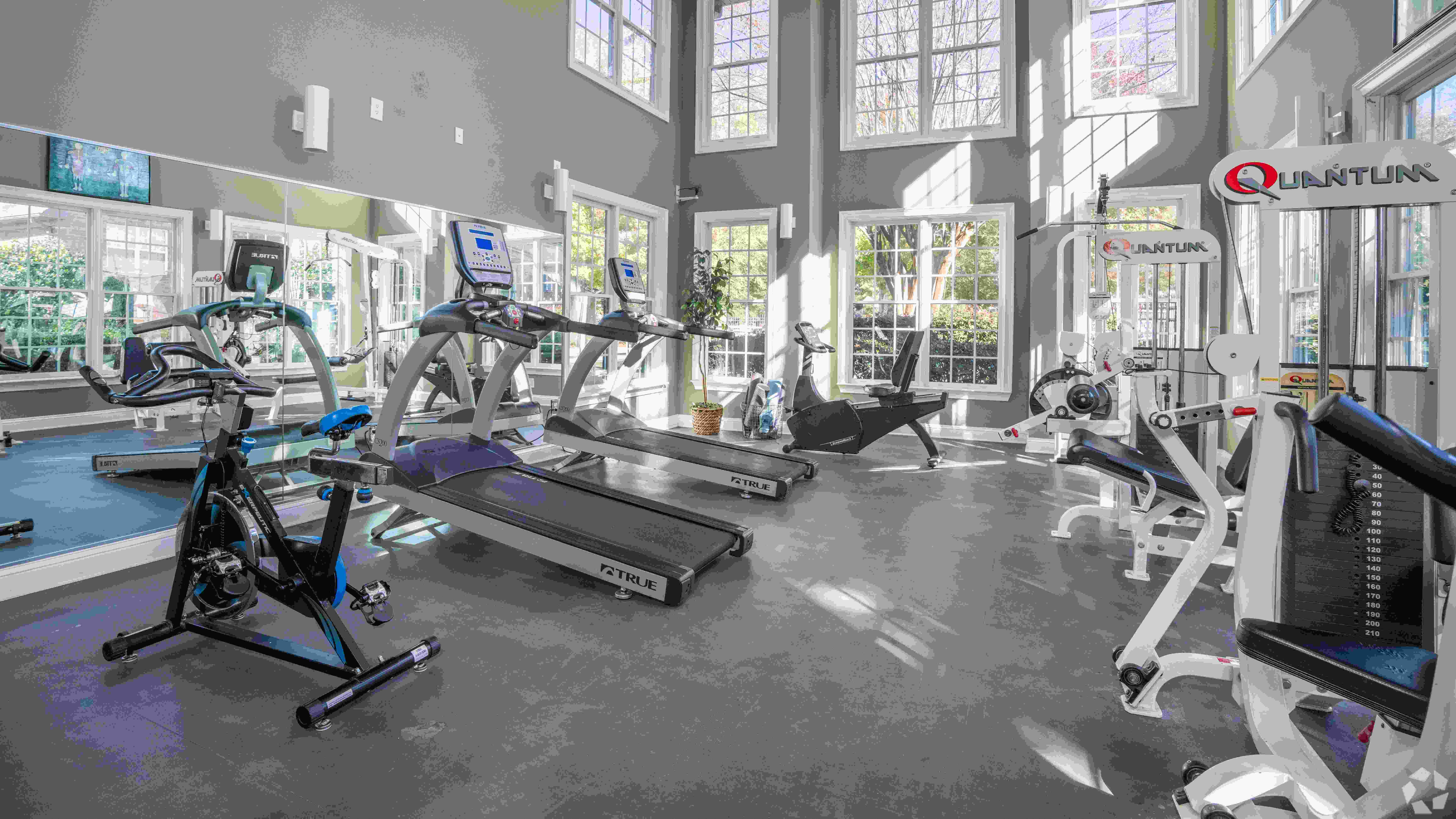 Stay active at Legacy at West Cobb Apartments in our fully-equipped fitness center featuring a range of cardio machines, weight training equipment, and a spacious layout in a naturally lit, inviting environment.