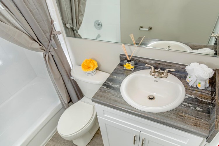 Newly renovated bathrooms featuring black fusion countertops, large mirrors, and wood-style flooring.