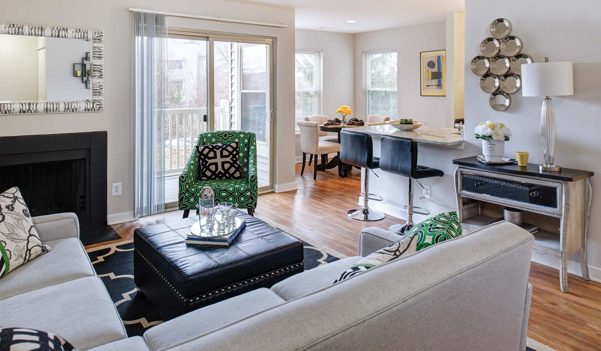 Skyline Premier living room leads to balcony