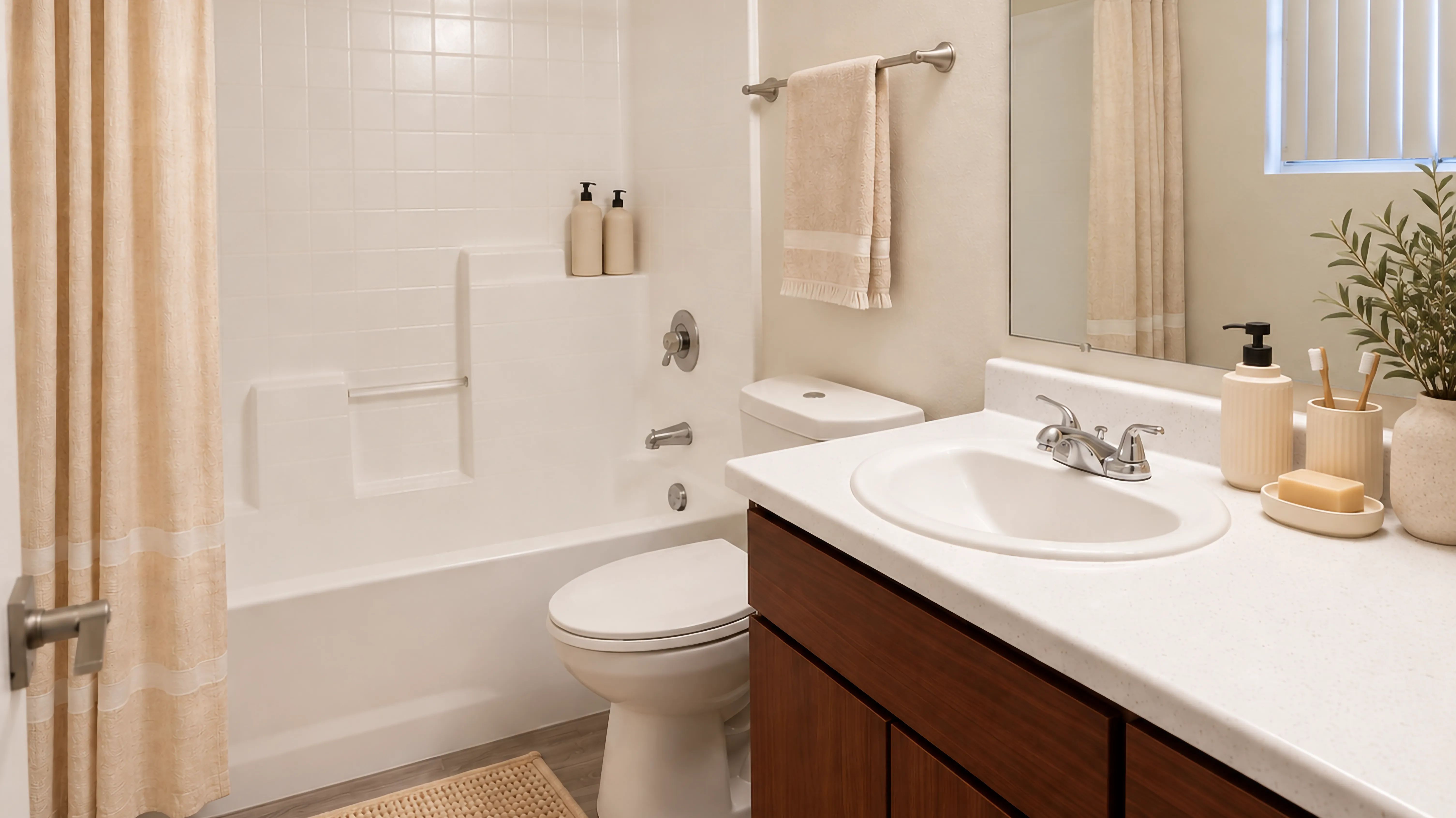 Refresh in the thoughtfully designed master bathroom featuring a spacious vanity, a full shower and tub, large mirror and convenient storage giving you a comfortable setting for your daily routine.