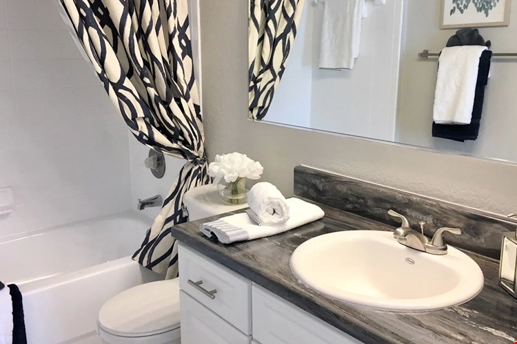 Elevate your bathroom experience with contemporary black fusion countertops – a premium upgrade offered in select homes. Step into a space that's as trendy as it is functional.