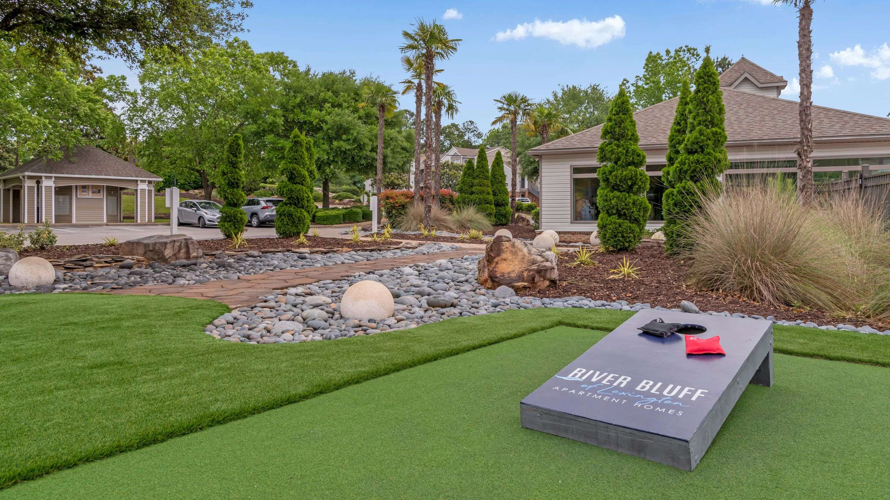 Partake in a lively match at our cornhole court inviting neighborly fun and friendly competition.
