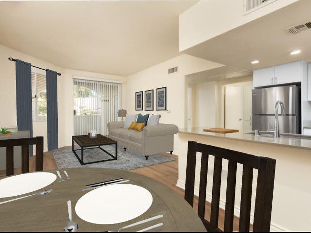 Renovated Package I kitchen, living, and dining areas