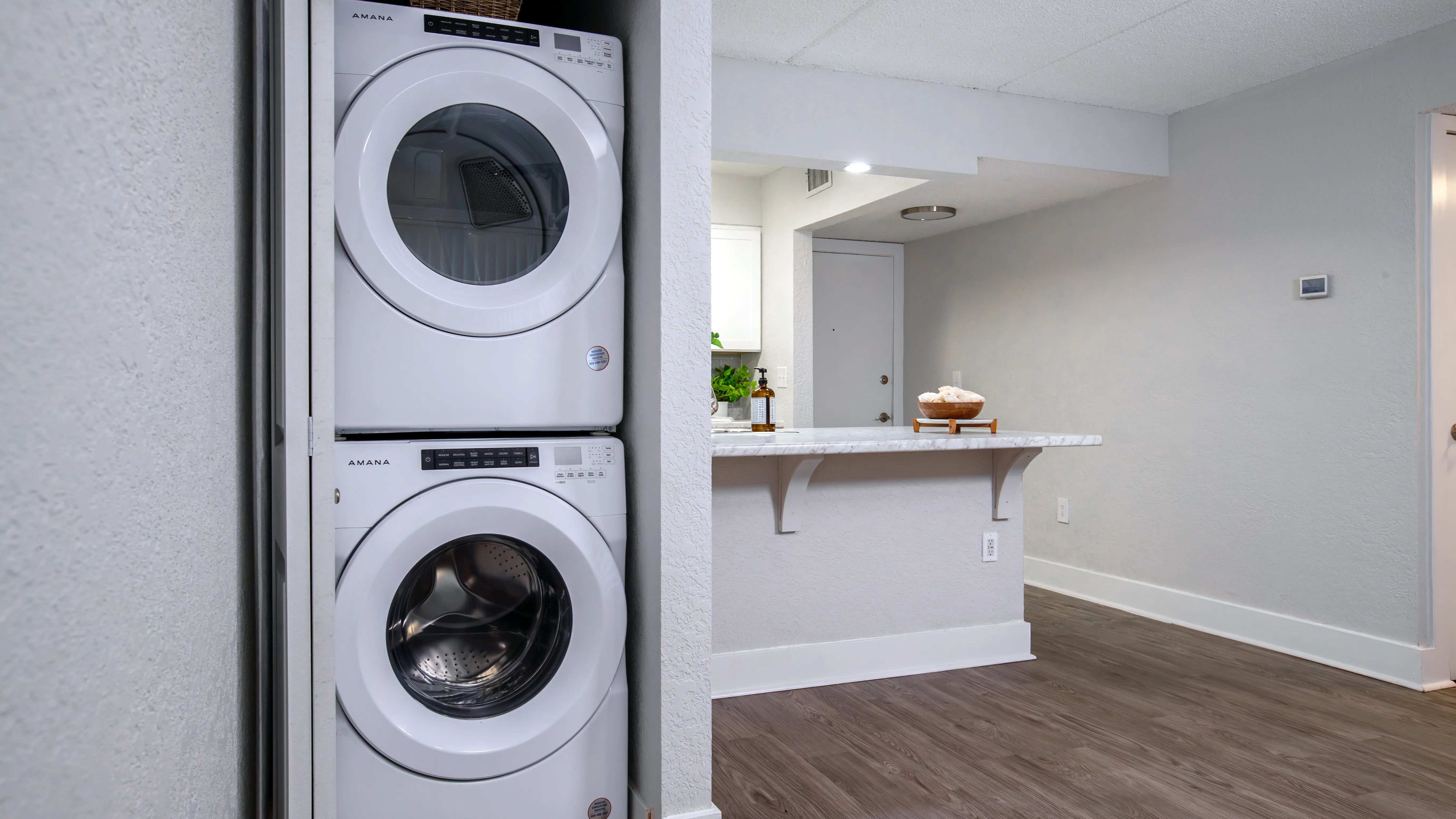 Enjoy the ease of doing laundry at home with a modern, energy-efficient stackable washer and dryer, thoughtfully included in each apartment home for your convenience.