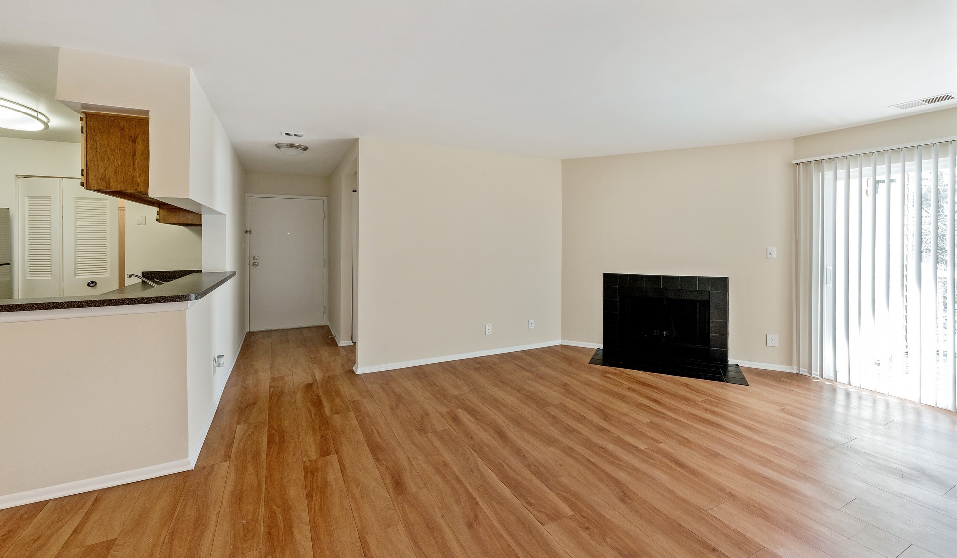 Living room with optional fireplace and patio access