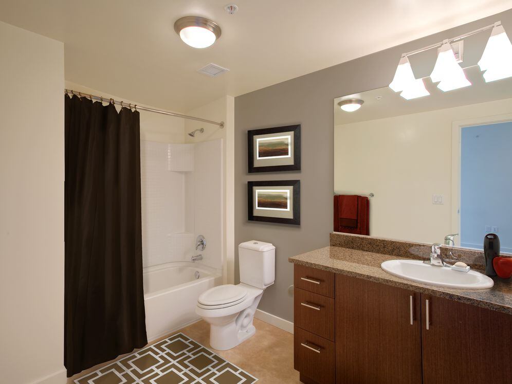 Classic Package I bath with brown speckled granite countertops, espresso cabinetry, and hard surface flooring