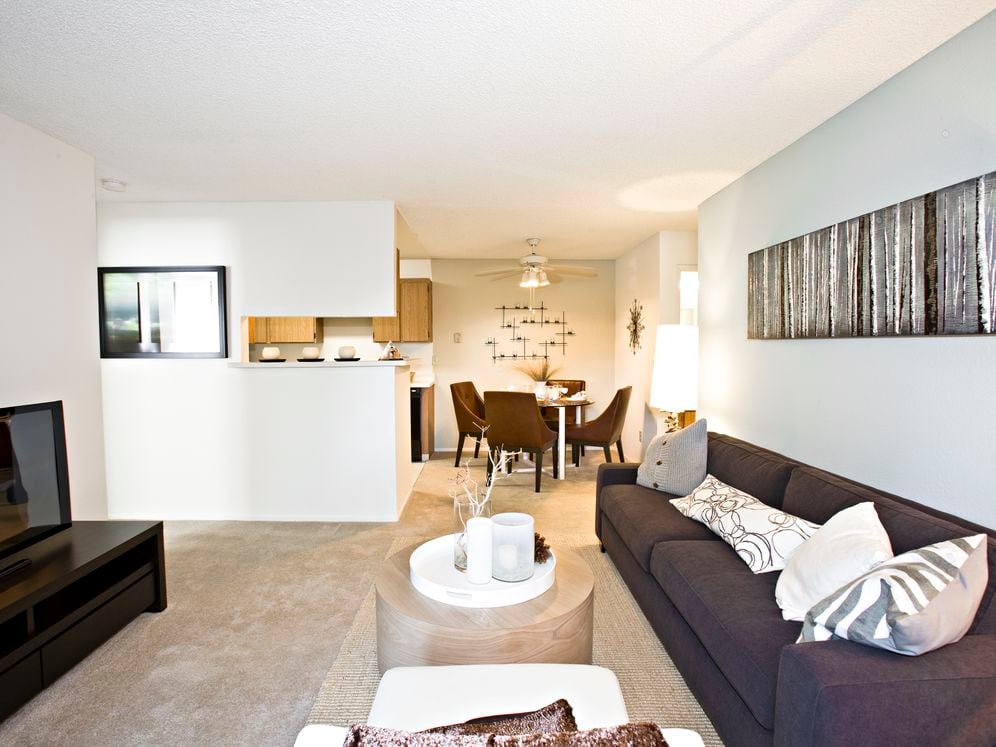 Living area with carpeted flooring