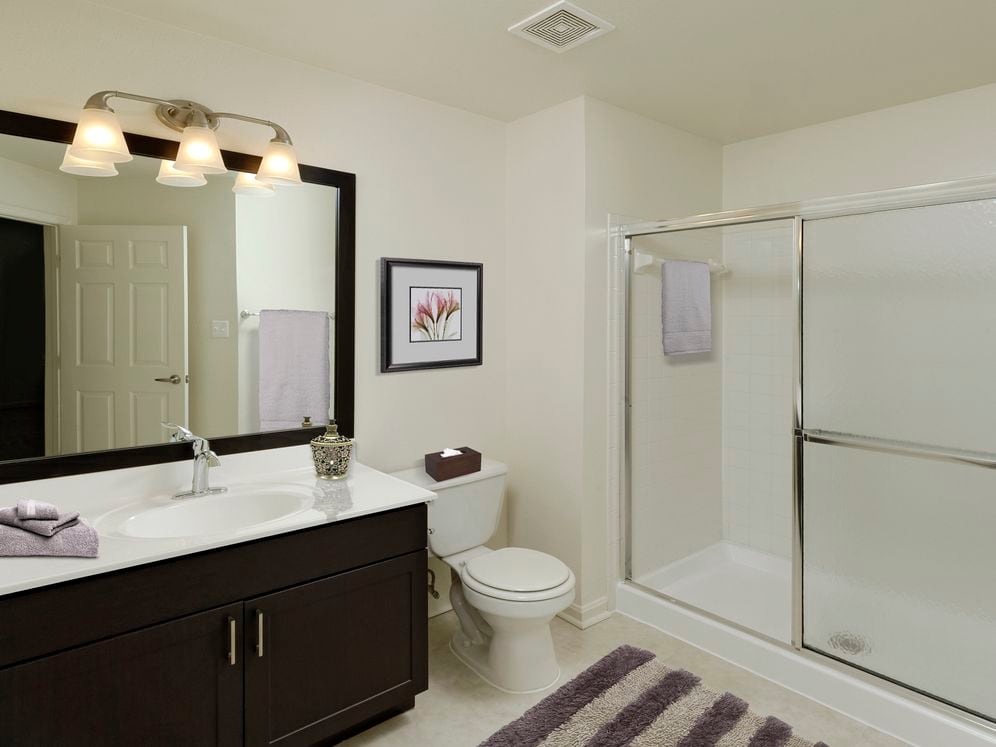 Renovated Package III bath with espresso cabinetry, white countertops, and vinyl tile flooring