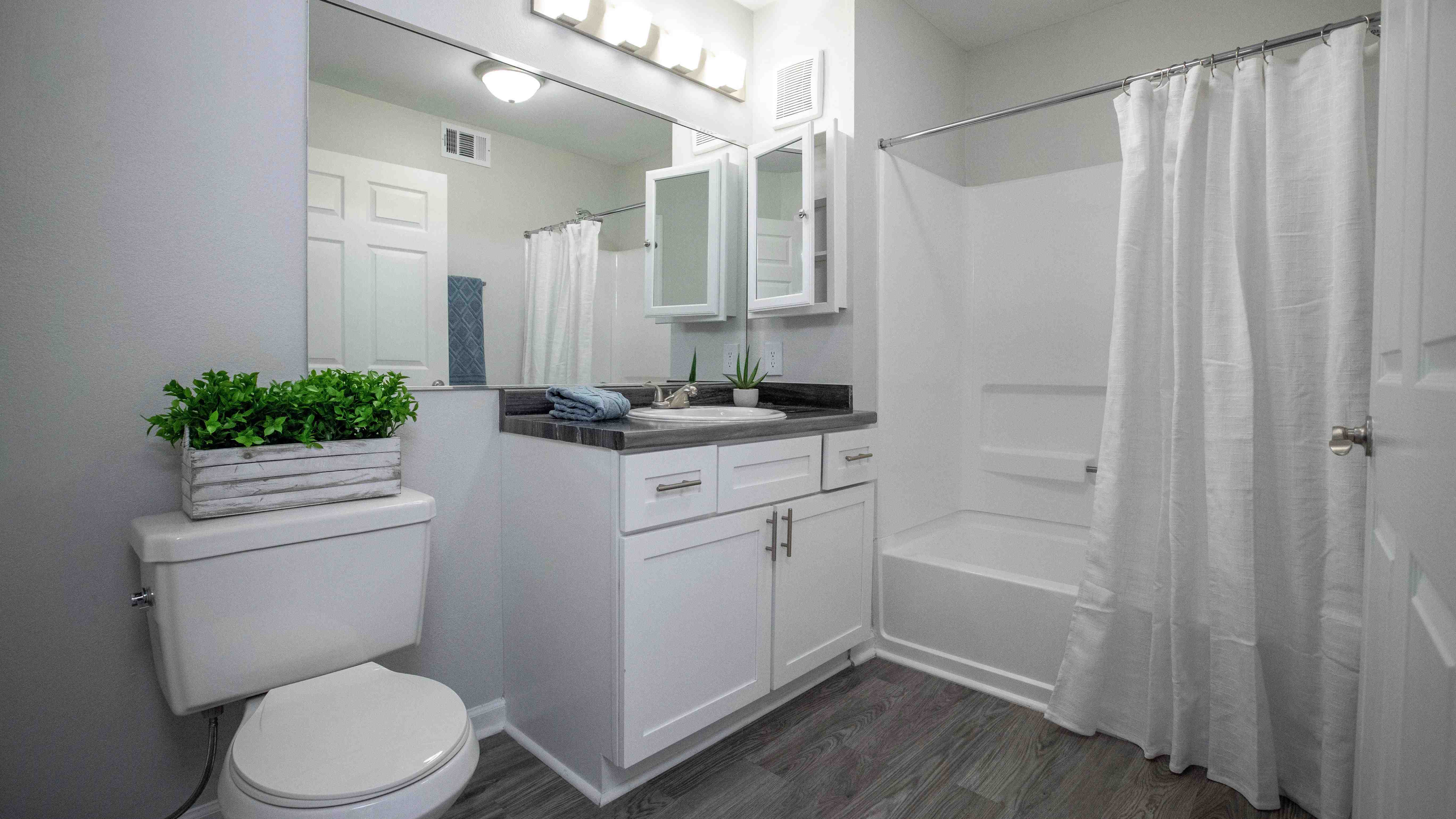 Modern vanity lighting, a spacious mirror, and a convenient medicine cabinet complement the Carrara marble-style countertop and pristine shower area in our thoughtfully designed bathroom.