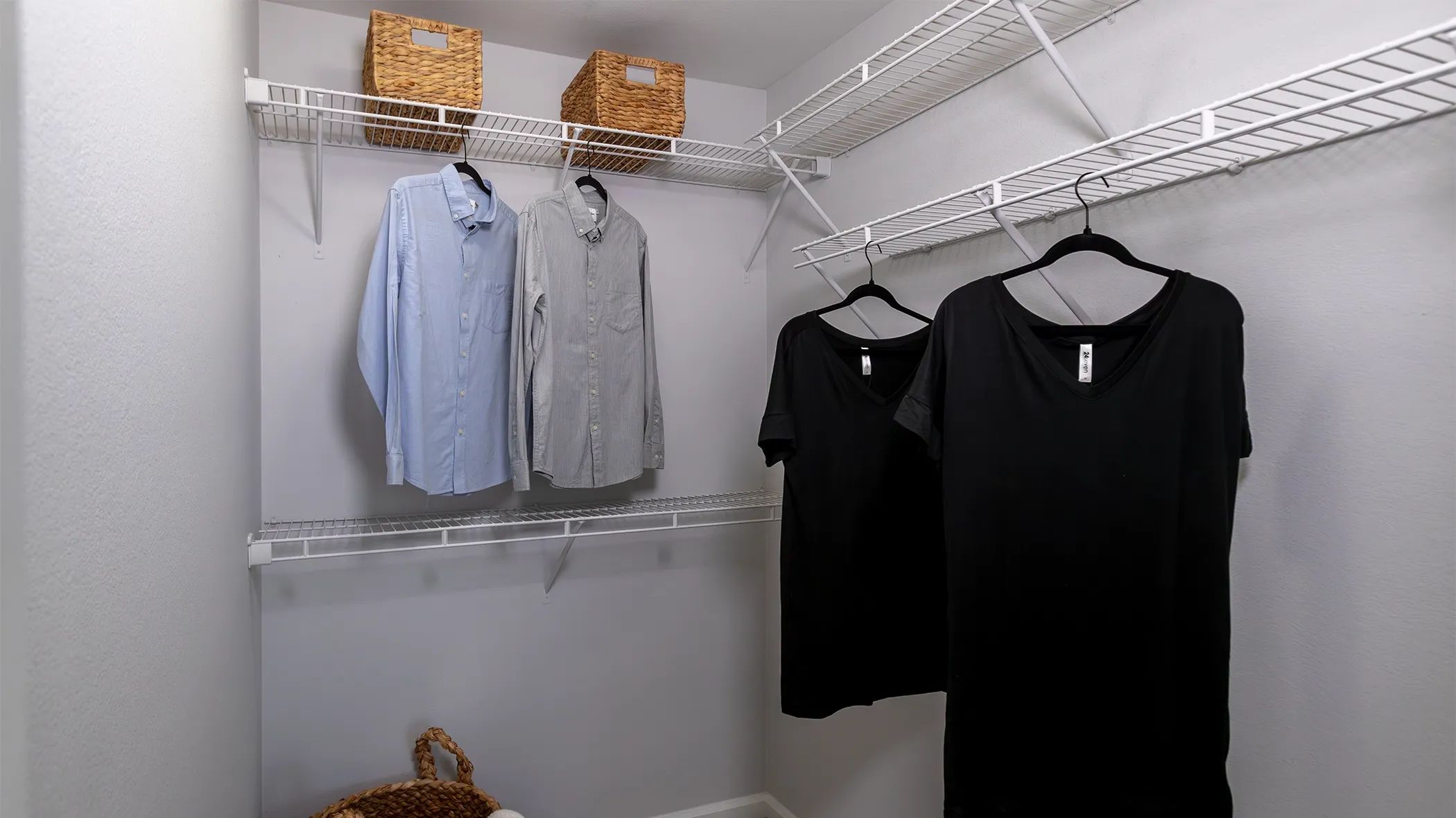 Effortlessly organize with custom shelving in our oversized walk-in closets - tailored with you and all your wardrobe treasures in mind! 